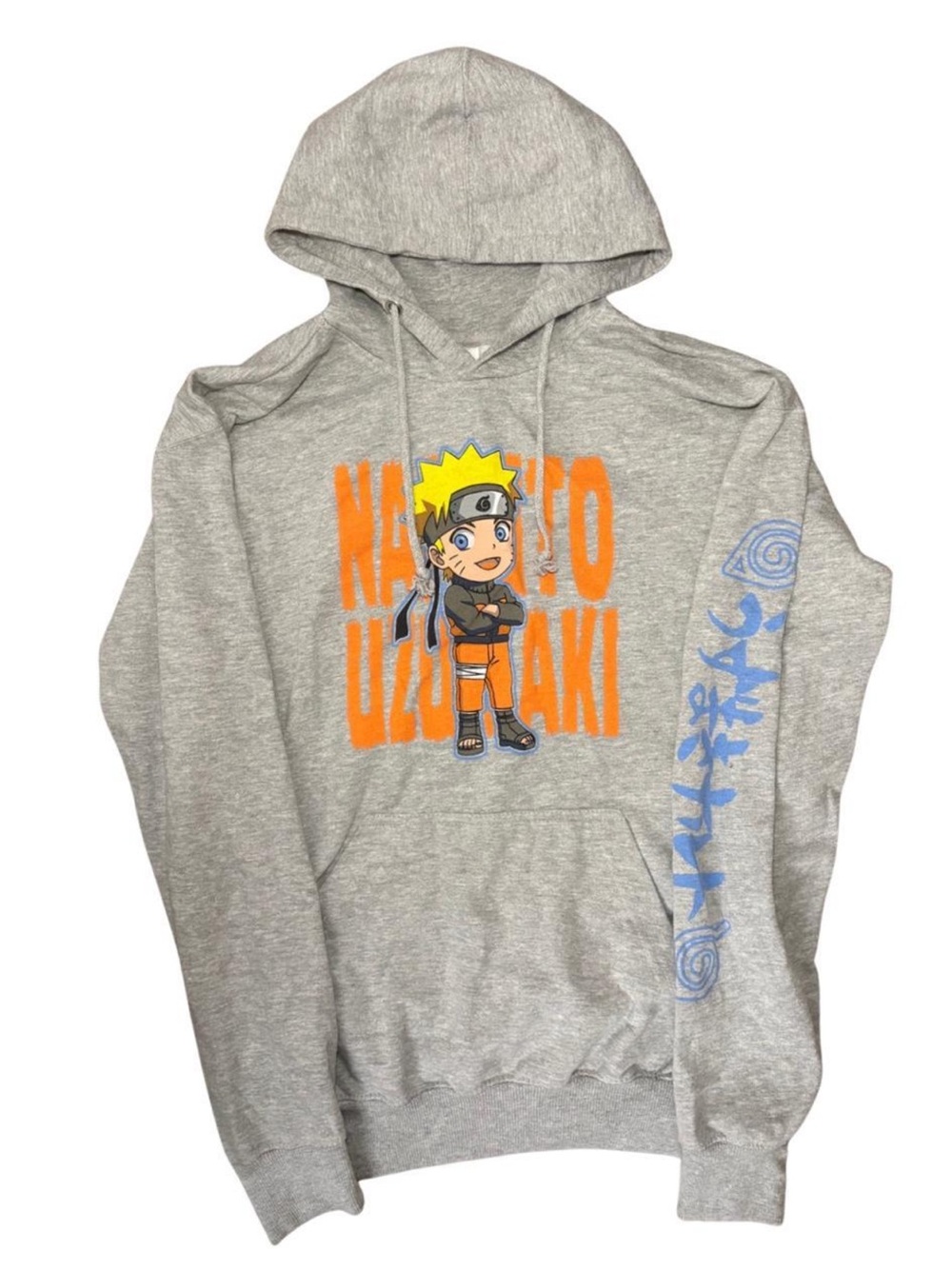 Gray Naruto Chibi Graphic Pullover Hoodie with Orange & Blue Accents - Women
